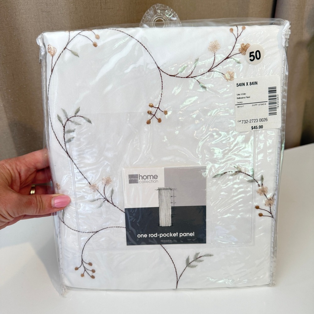 JCPenney Home Bellissima Ivory Floral Embroidered Rod Pocket Curtain Panel 54x84